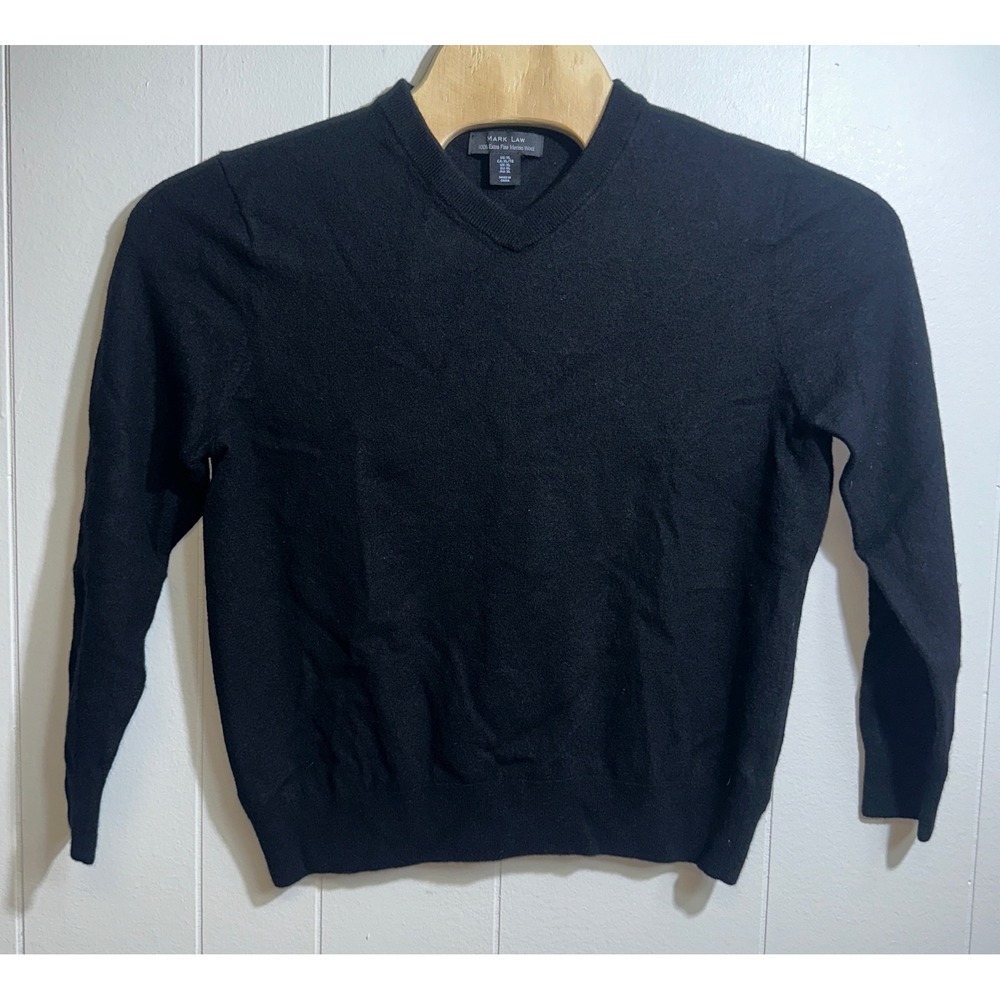 Mark Law Mens Black 100% Extra Fine Merino Wool V-Neck Sweater XL Long Sleeve